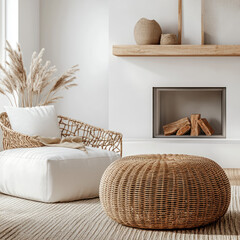 Wall Mural - Rattan lounge chair, wicker, pouf and white sofa by fireplace. Scandinavian, hygge home interior design of modern living room.