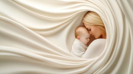 Sticker - A woman and baby sleeping in a white sheet, AI