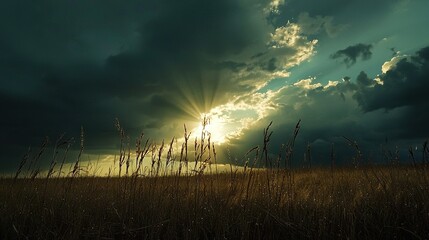 Poster -   A field of tall grass basks in sunlight as it peeks through clouds above