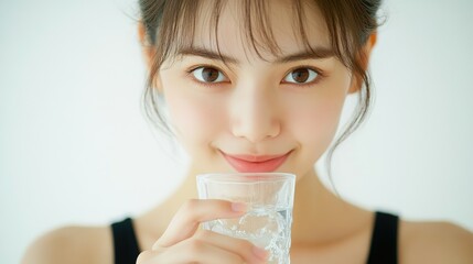 Wall Mural - A beautiful Japanese woman is drinking water from the glass. Portrait. close up view