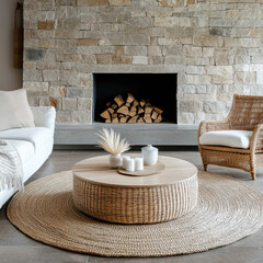 Wall Mural - Round coffee table between wicker chair and sofa against fireplace. Scandinavian home interior design of modern living room with stone cladding wall.