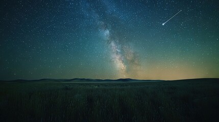   A stunning shot of the night sky featuring a milky way and a distant shooting star with towering mountains in the backdrop