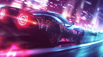 Wall Mural - Dynamic shot of a sleek car speeding through a vibrant city at night with neon lights illuminating the scene.