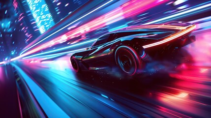 Wall Mural - Futuristic car racing through a neon-lit cityscape, showcasing vibrant colors and dynamic motion in a stunning digital setting.