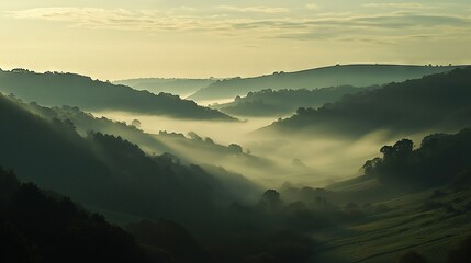 Sticker -   A distant valley view with trees in the foreground and fog midway