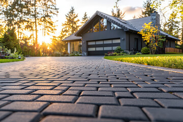 A  Serene  Sunset  Glows  Through  Trees,  Casting  Warm  Light  on  a  Perfectly  Manicured  Driveway.