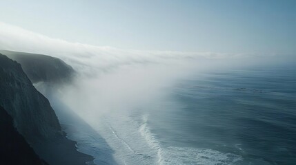 Poster -   A massive wave crashes into the ocean next to a cliff with a boat in the background