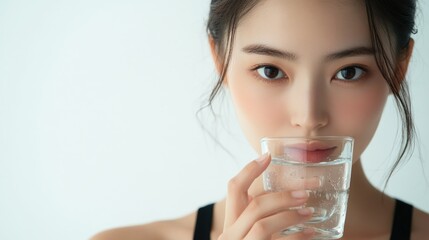 A beautiful Japanese woman is drinking water from the glass. Portrait. close up view