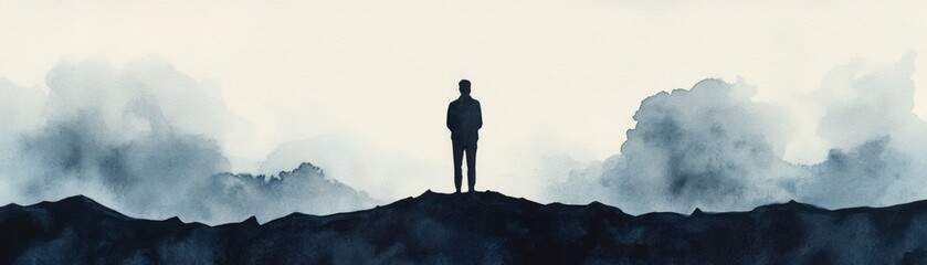 A lone figure standing against a backdrop of negative influences, dark clouds and sharp edges in the environment, captured in moody watercolor tones