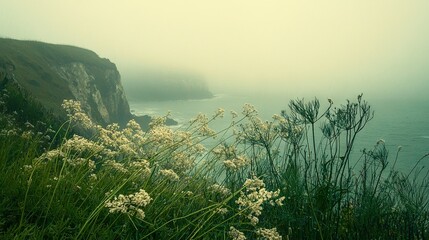 Sticker -   A foggy day overlooking a body of water with wildflowers in the foreground