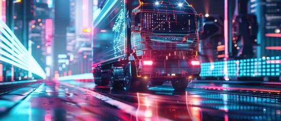 Wall Mural - Futuristic truck driving through a neon-lit cityscape with vibrant lights and a sleek design, showcasing modern transportation.