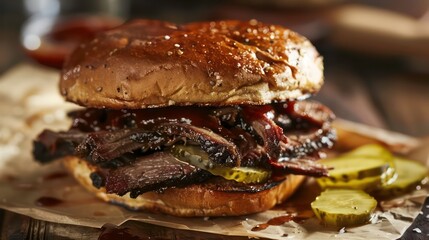 A close-up shot of a juicy pulled pork sandwich with pickles and barbecue sauce on a rustic wooden background.