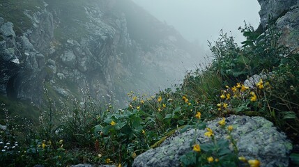 Poster -   Yellow blossoms adorn mountain slopes amidst a hazy landscape A rugged bluff dominates the background