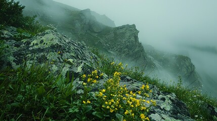 Sticker -  Mountain fog with yellow flowers in foreground and low-lying clouds in background