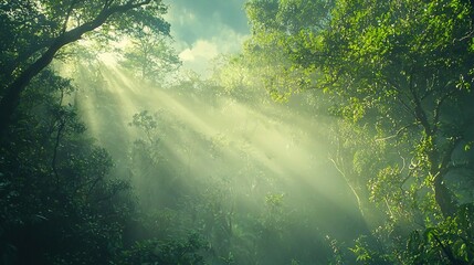 Poster -   A dense green woodland brims with numerous trees, their branches casting golden beams upon the earth during a bright afternoon