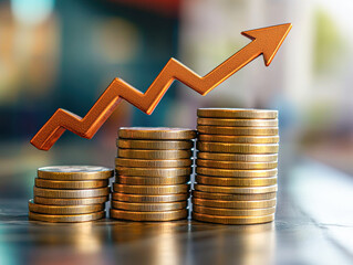 Poster - A stack of coins with a gold arrow pointing upwards