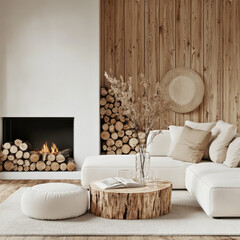 Wall Mural - Tree stump coffee table near white sofa and pouf against wood paneling wall with fireplace and stack of firewood. Scandinavian style home interior design of modern living room. generative AI