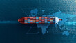 © Wendelin - Aerial view of a container ship at sea, with a digital map overlay showing export control