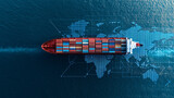 Aerial view of a container ship at sea, with a digital map overlay showing export control 