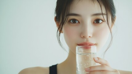 Wall Mural - A beautiful Japanese woman is drinking water from the glass. Portrait. close up view