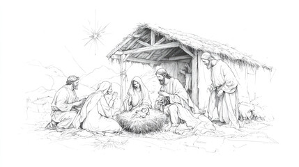 Sticker - The Nativity. Mary and Joseph watch over baby Jesus in a barn, with shepherds nearby. Black and white digital illustration.