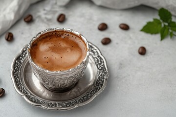 Turkish coffee in ornate silver cup, mint leaves, beans