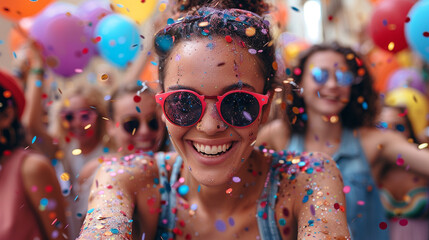 A group of LGBTQ+ friends celebrating together at a Pride Parade, surrounded by colorful and joyful atmosphere