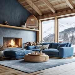 Wall Mural - Two blue sofas near fireplace. Scandinavian home interior design of modern living room in chalet.