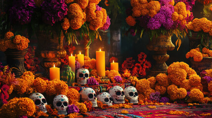 Wall Mural - Vibrant Day of the Dead altar adorned with colorful flowers, candles, and decorated skulls, capturing Mexican cultural traditions.