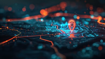 Wall Mural - a glowing red pin marker on a digital map with a path of glowing lines, depicting a location on a ma