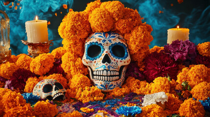 Wall Mural - Vibrant Day of the Dead celebration with colorful marigold, candles, and decorated skulls, symbolizing remembrance and honoring the deceased.