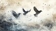 © Melon - Three birds in flight amidst swirling clouds and mist, symbolizing freedom and chaos with a surreal and dramatic atmosphere.
