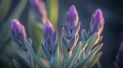 Wall Mural -   Purple close-up of a flower with green leaves and blurry background