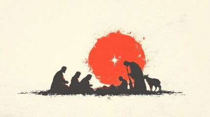 The Nativity. Silhouette of the Holy Family during the starry night on the background of a bright star surrounded by an orange circle. Digital illustration.