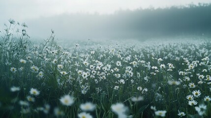 Canvas Print -   A field brimming with abundant white blooms atop a verdant green grassy expanse, framed by majestic trees in the distance