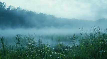 Sticker -   Misty water surrounded by high grass and a forest backdrop