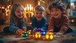 © netrun78 - Children joyfully playing with dreidels on the floor while surrounded by holiday decorations and a lit menorah during Hanukkah celebrations