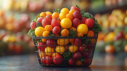 Wall Mural - A wire basket filled with ripe strawberries and yellow plums.