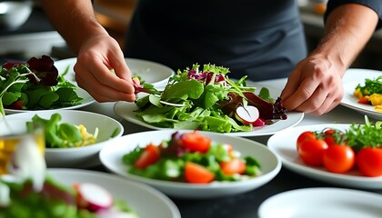 During the salad making process, the chef carefully sets the dishes, reflecting the concept of delicious and healthy eating, and the surrounding environment is clean and tidy.