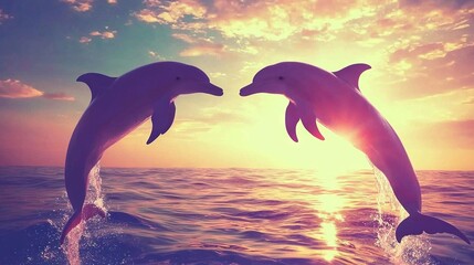 Wall Mural -   Two dolphins leap from the sea as the sun dips below the horizon, casting a pink and blue hue in the sky