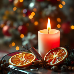 A close-up of a candle with dried orange slices, cinnamon sticks, and other natural elements, with a blurred Christmas tree lights background