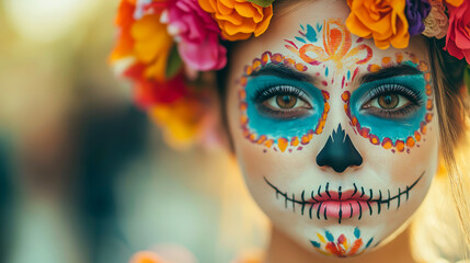 A beautiful young woman with colorful skull makeup painted on her face, celebrating Mexico's Day of the Dead, Symbolism of the Day of the Dead celebration