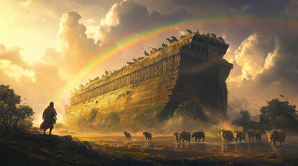 Noah Standing on the Deck of the Ark During a Radiant Sunset