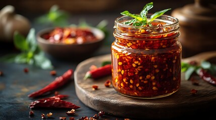 A glass jar filled with chili oil with red chili peppers, garlic and herbs on a wooden board.