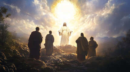 Jesus' Radiant Transfiguration With Disciples on a Mountain