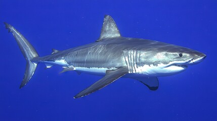 Poster -   A great white shark swims in the blue water with its mouth open