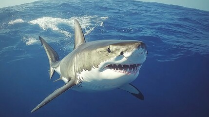 Poster -   A majestic Great White Shark opens its mouth as it swims in crystal-clear blue water close to the shore