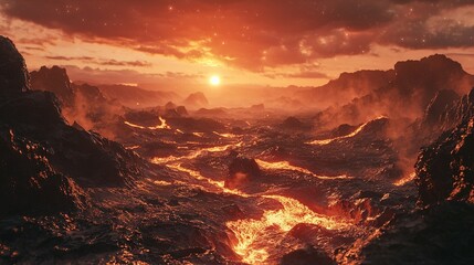 Poster -   A river runs through a rocky landscape with sunset mountains, rocks in the foreground