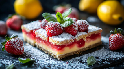 Strawberries lemon cheesecake bars topped with mint, powdered sugar, and fresh strawberries