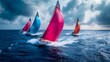 © AdamDiezel - sports sailboats race across the open sea, their sleek, colorful sails cutting through the water as waves crash against the boats